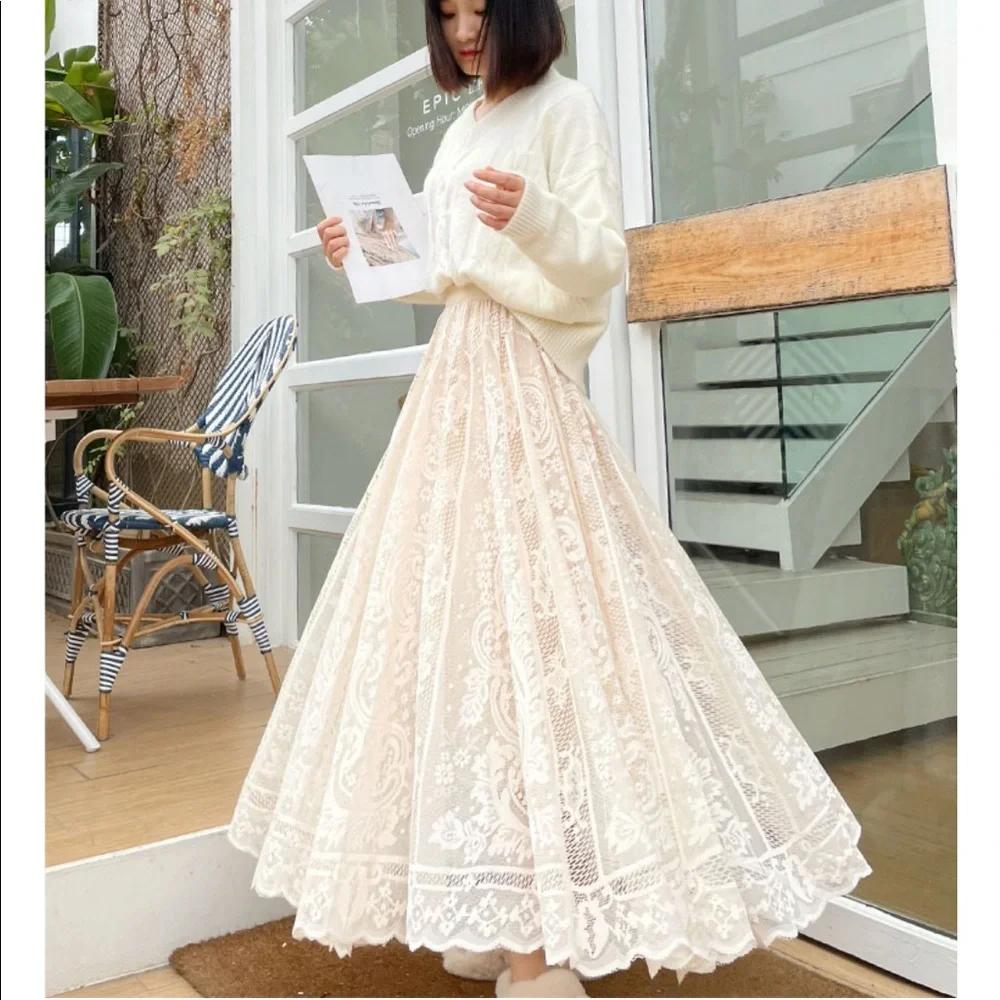 Lace skirt cream beige womens summer spring long skirt floral - Picture 1 of 15